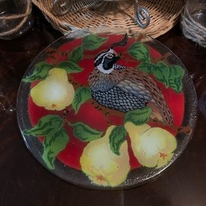 Vintage Pheasant & Pears Multicolor Fused Glass Serving Plate by Peggy Car, 11"